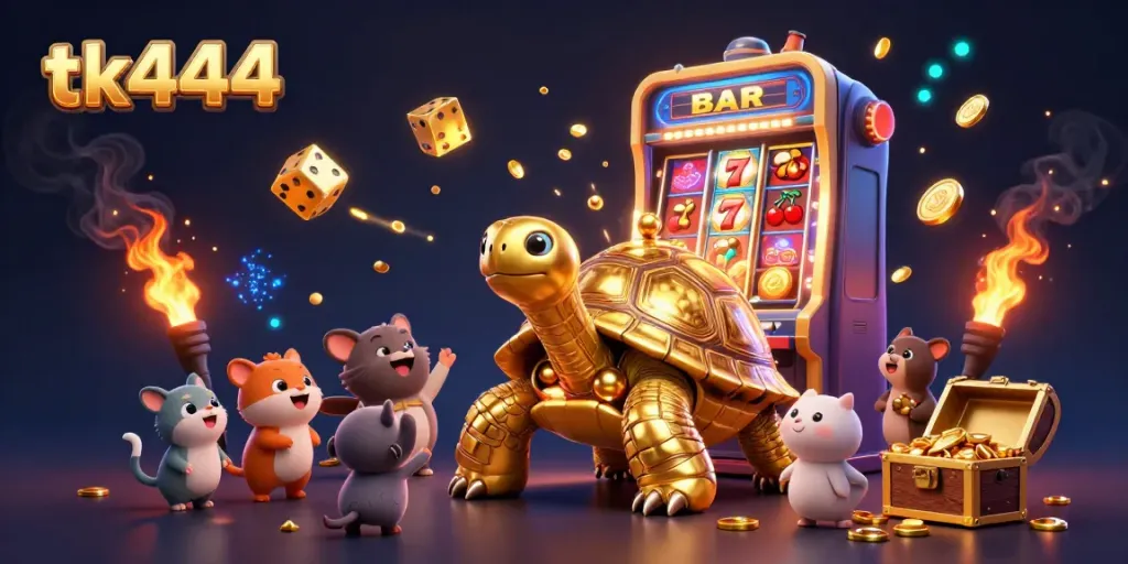 Experience thrilling games at tk444 featuring vivid slot machines and a whimsical golden tortoise.