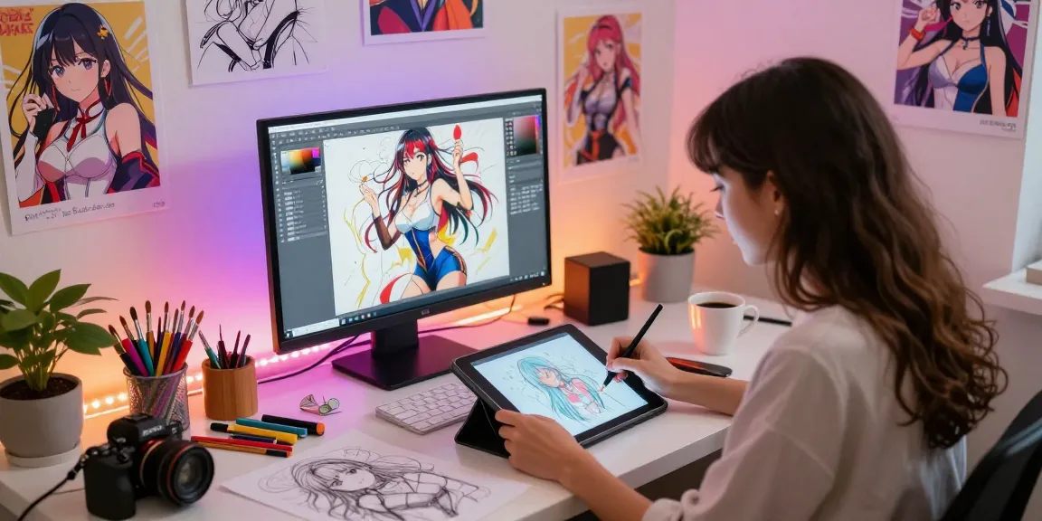Young artist creating AI ecchi artwork on a tablet in vibrant workspace.