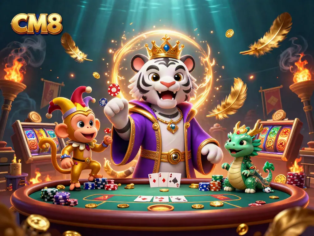 Spin and win with CM8 at a vibrant poker table filled with chips and cards.