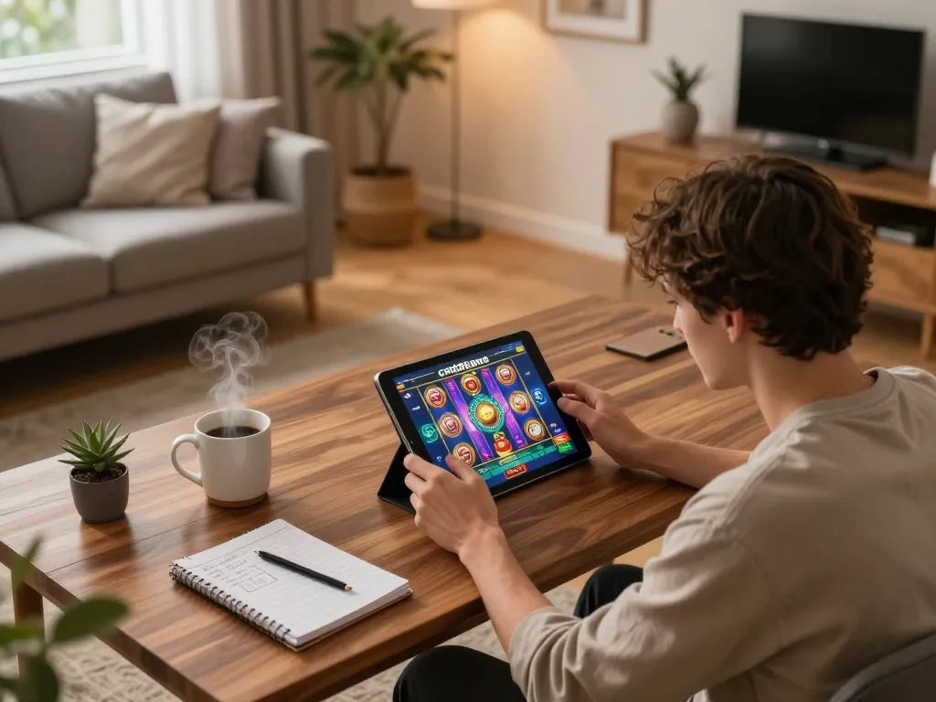 Engaged player enjoying cm88game on a tablet in a cozy living room gaming setup.