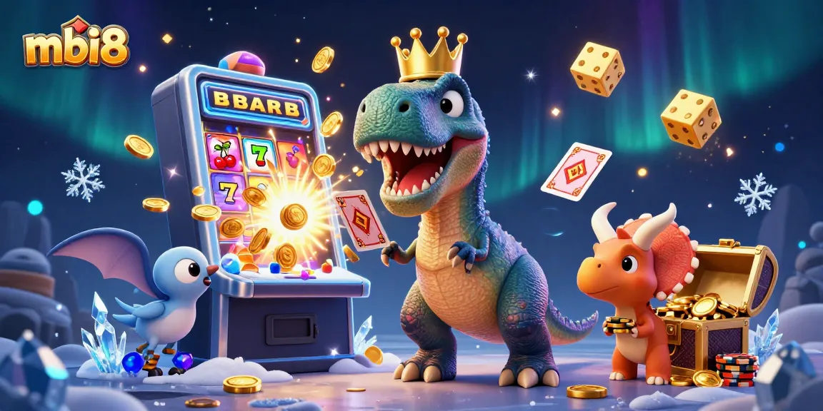 Spin to win with mbi8 at a lively casino scene featuring unique dinosaur characters and a colorful slot machine.