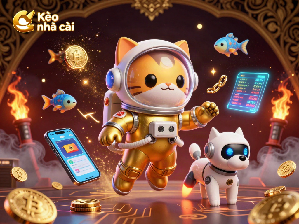 Kèo nhà cái showcases a vibrant 3D astronaut cat and robot dog amidst Bitcoin and Ethereum elements for space-themed gambling excitement.