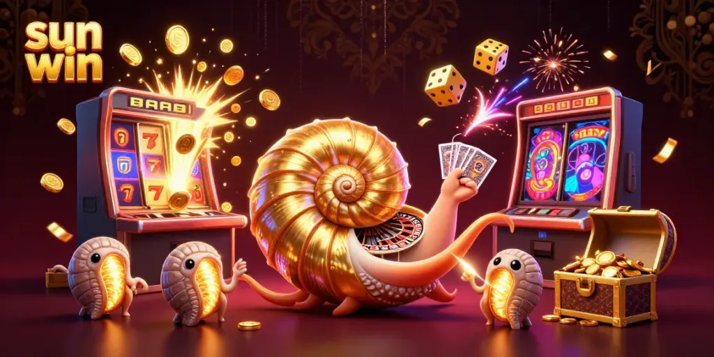 Immerse in the thrill of sun win with this dynamic casino scene featuring golden coins, roulette, and vibrant slot machines.
