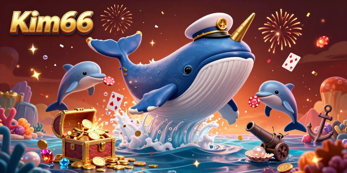 Engage with Kim66's thrilling online casino experience through a vibrant scene of playful sea creatures and gold coins.