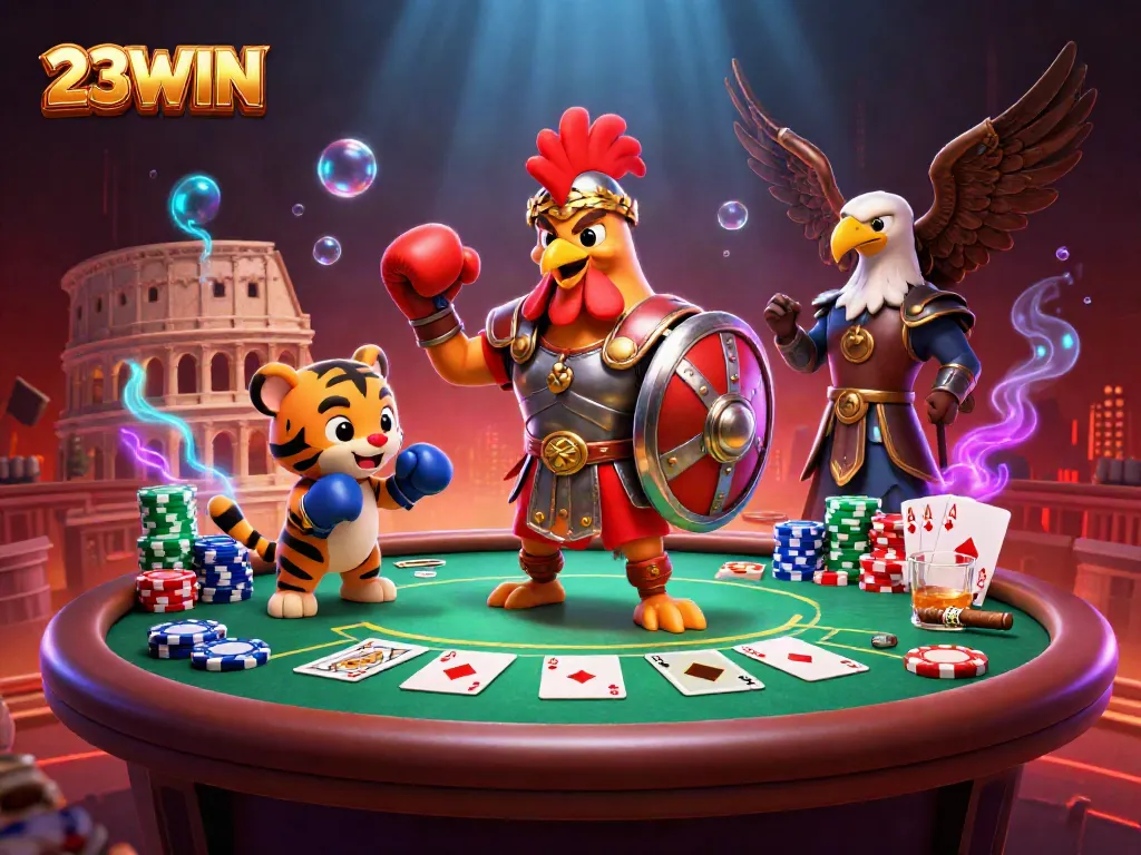 Engaging 23WIN themed illustration showcasing a gladiator rooster, a sparring tiger cub, and an eagle standard bearer surrounded by vibrant poker elements.