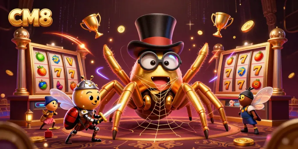 Spin CM8 slots as the golden tarantula weaves magic in this vibrant casino scene.