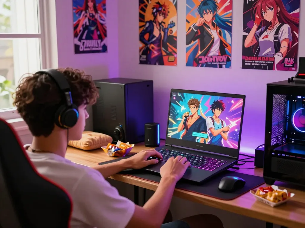 Dynamic gaming setup with player enjoying gay porn games on laptop surrounded by vibrant visuals and cozy ambiance.
