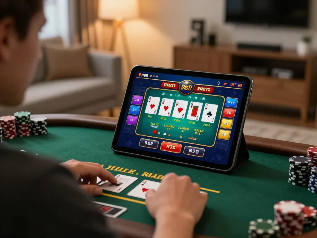 Player engaged in live dealer game on tablet at RR88, showcasing strategic gameplay.