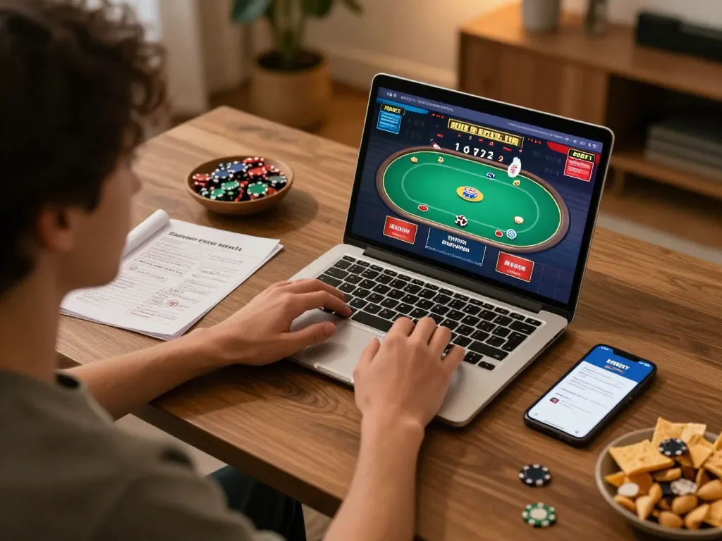 Engaged player strategizing with F8BET casino app on laptop in a cozy home setting
