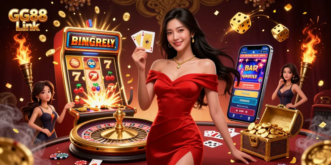Play exciting games at GG88 Link with a stunning woman holding a golden playing card.