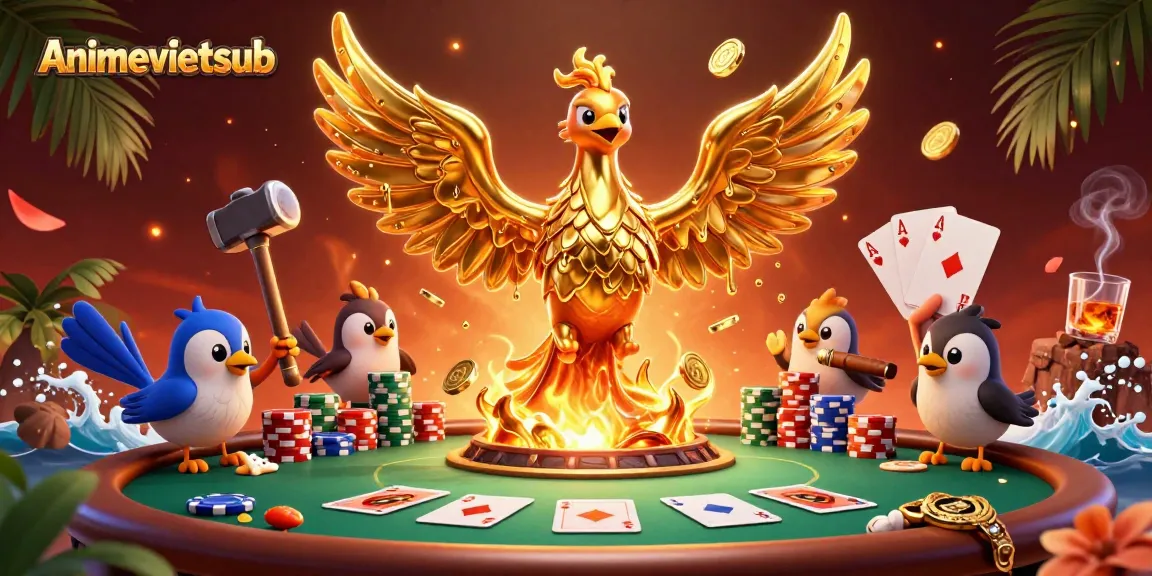 Experience winning strategies at Animevietsub with golden coins and a vibrant casino atmosphere.