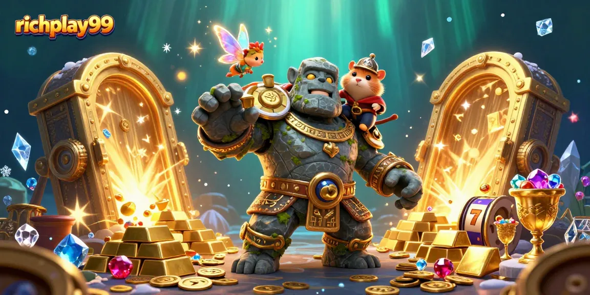 Experience richplay99 magic with an ancient stone golem, a fairy, and a hamster knight in a vibrant casino scene