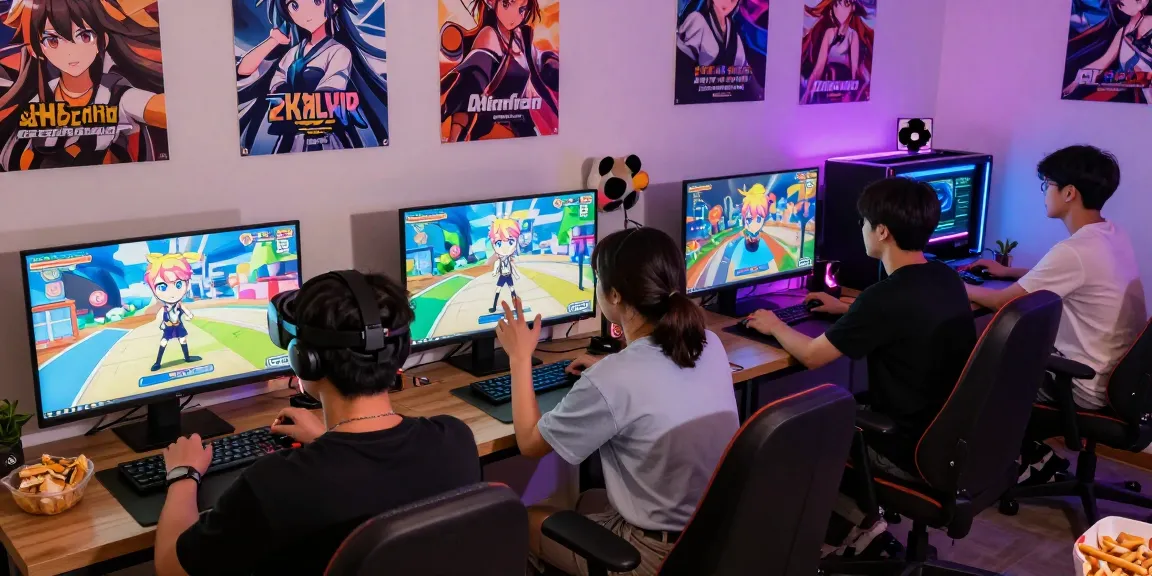 Players enjoying hentaigames in a lively gaming lounge with vibrant anime visuals.