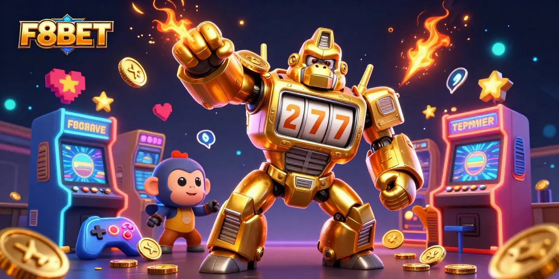 Experience the excitement of F8BET with this vibrant 3D illustration featuring a golden gorilla mech and casino elements.