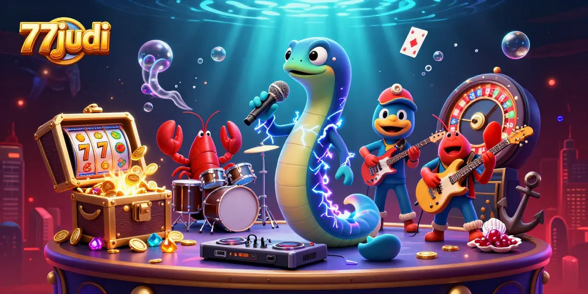 Experience winning action at 77judi in a vibrant underwater casino with electric eel DJ and lively games.