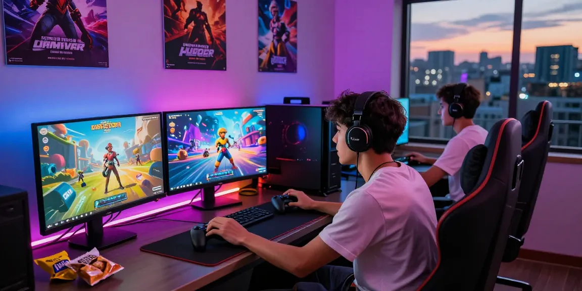 Engaged gamer playing a colorful nsfw game on high-end PC with vibrant ambiance.