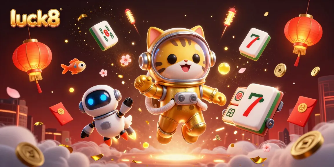 Bet big at luck8 amid a vibrant casino scene filled with lucky symbols and playful characters.