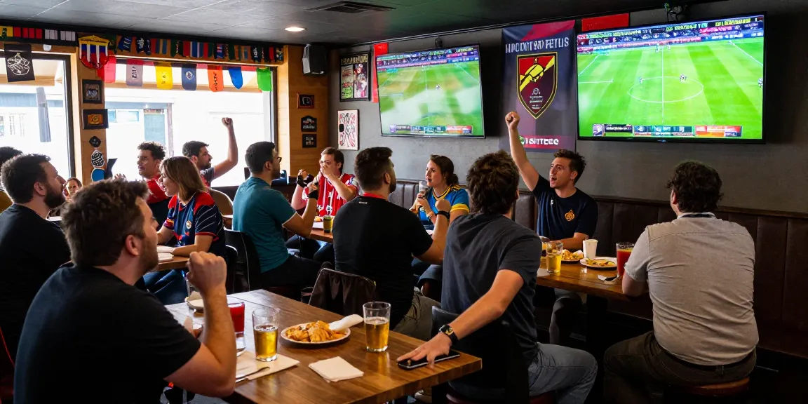 Exciting football betting Malaysia scene in a lively sports bar with fans cheering and screens displaying odds.