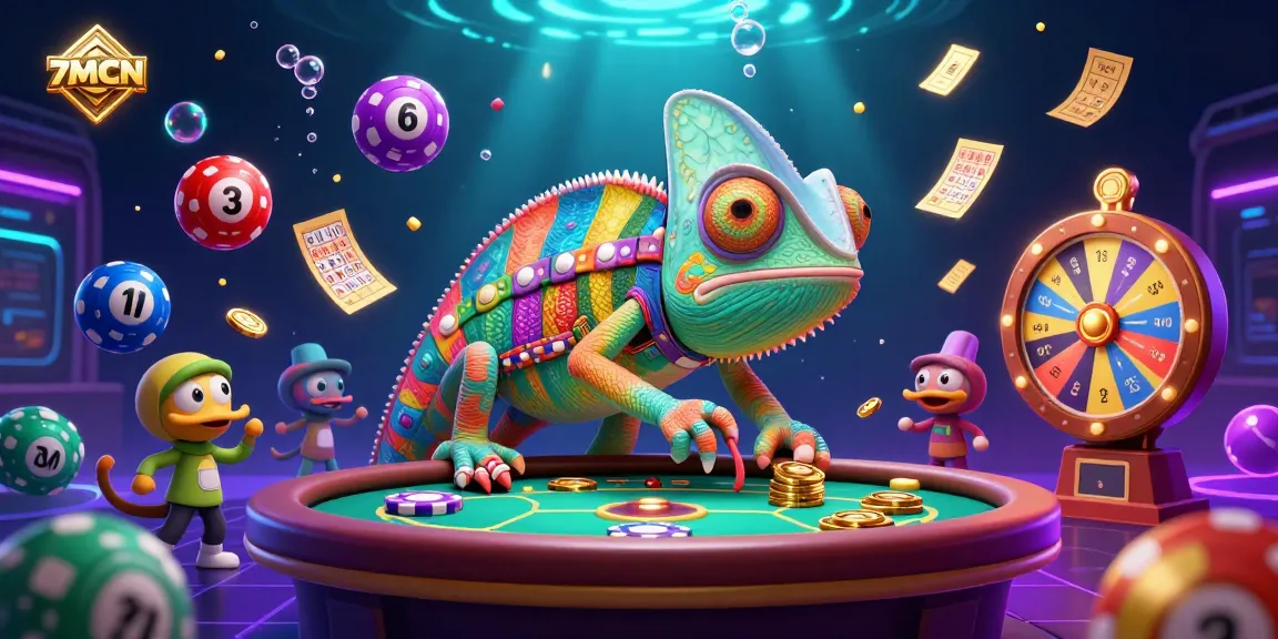 Experience the excitement of 7MCN with a dynamic scene of a chameleon casino owner amidst vibrant gambling elements.