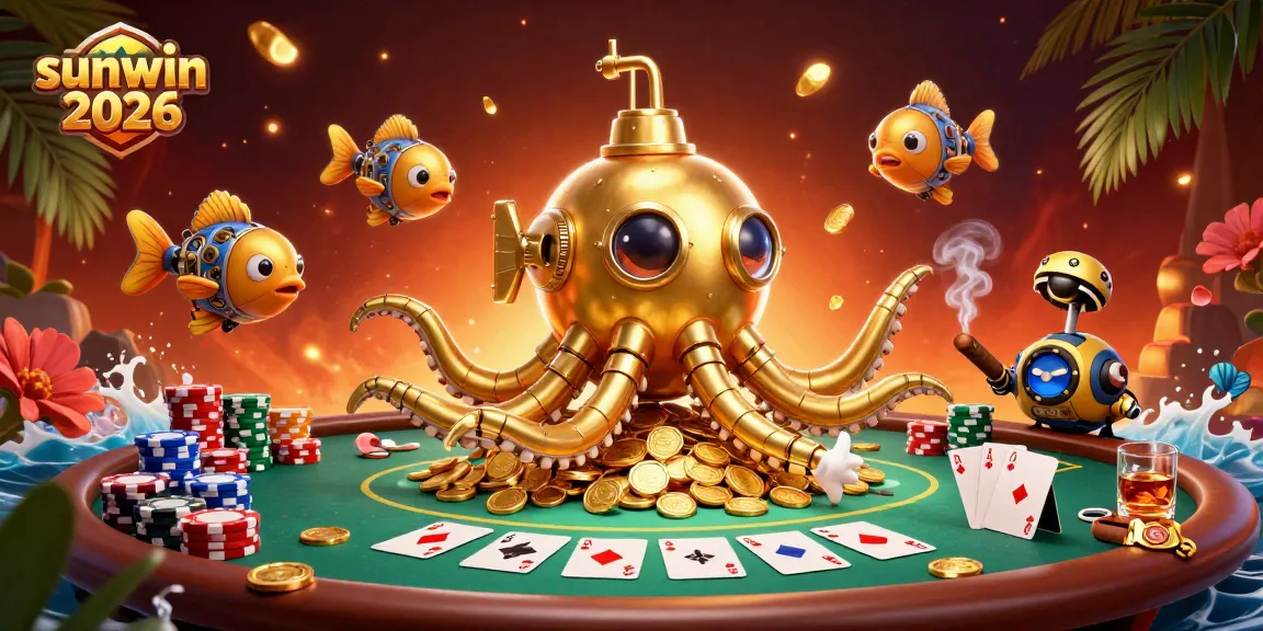 Experience sunwin 2026 with a golden kraken submarine amidst poker chips and coins in this vibrant 3D scene.