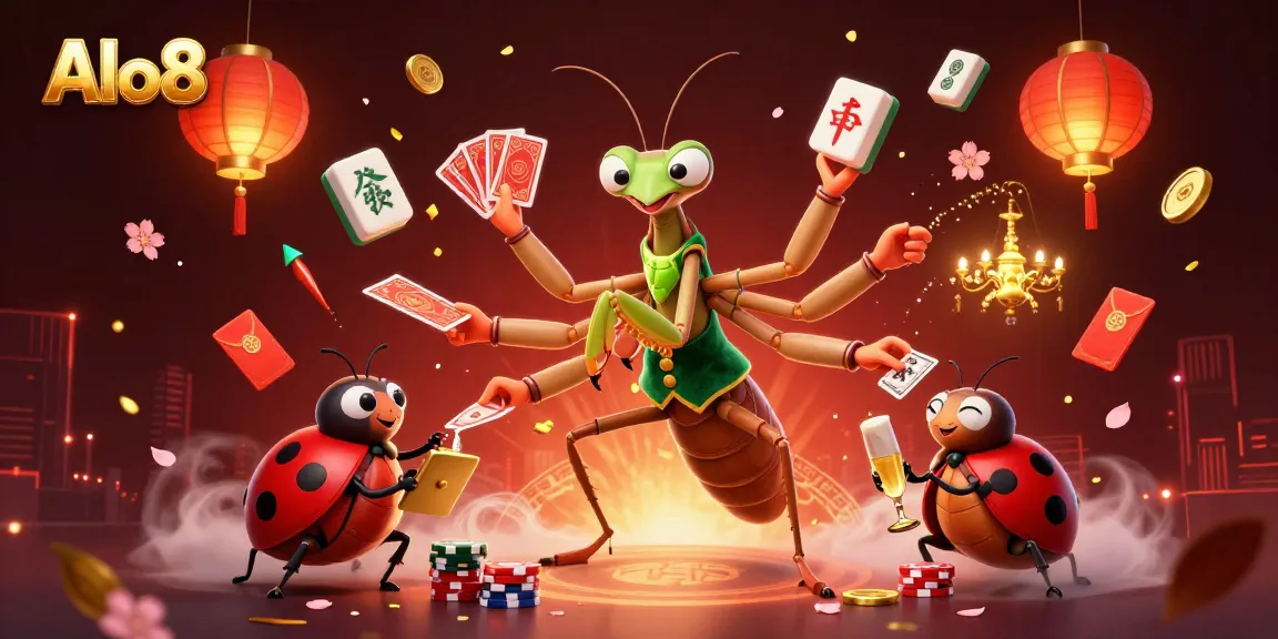Alo8 offers a vibrant 3D casino scene showcasing a giant praying mantis and ladybug pit boss engaging in lively gaming action.
