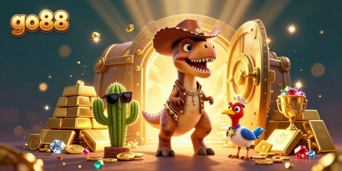 Join the excitement of go88 with a dynamic illustration featuring a cowboy dinosaur, cactus, and roadrunner in a vibrant casino context.