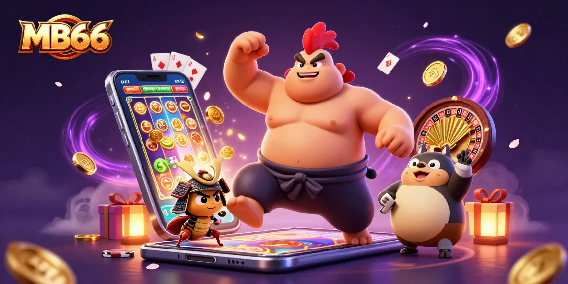 Experience the excitement of MB66 with dynamic gaming elements and colorful characters in a lively casino scene.