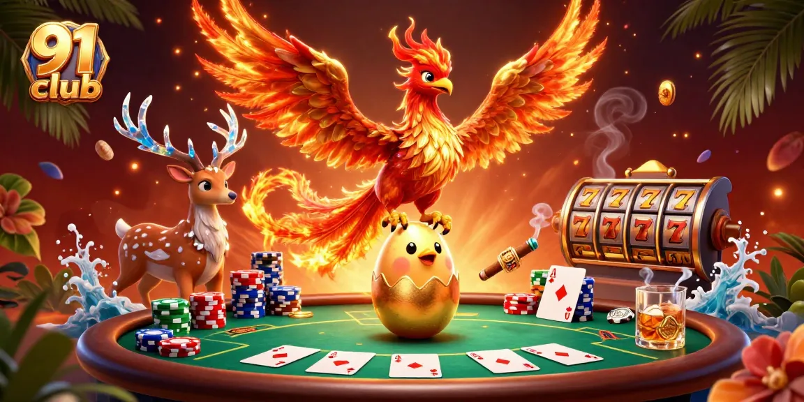 Engage in thrilling games with 91 club, showcased by a vibrant phoenix and a mystical stag in a lively casino scene.