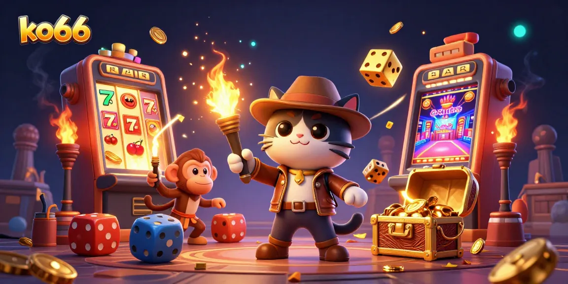 Discover big wins with ko66 in this vibrant 3D casino adventure illustration.