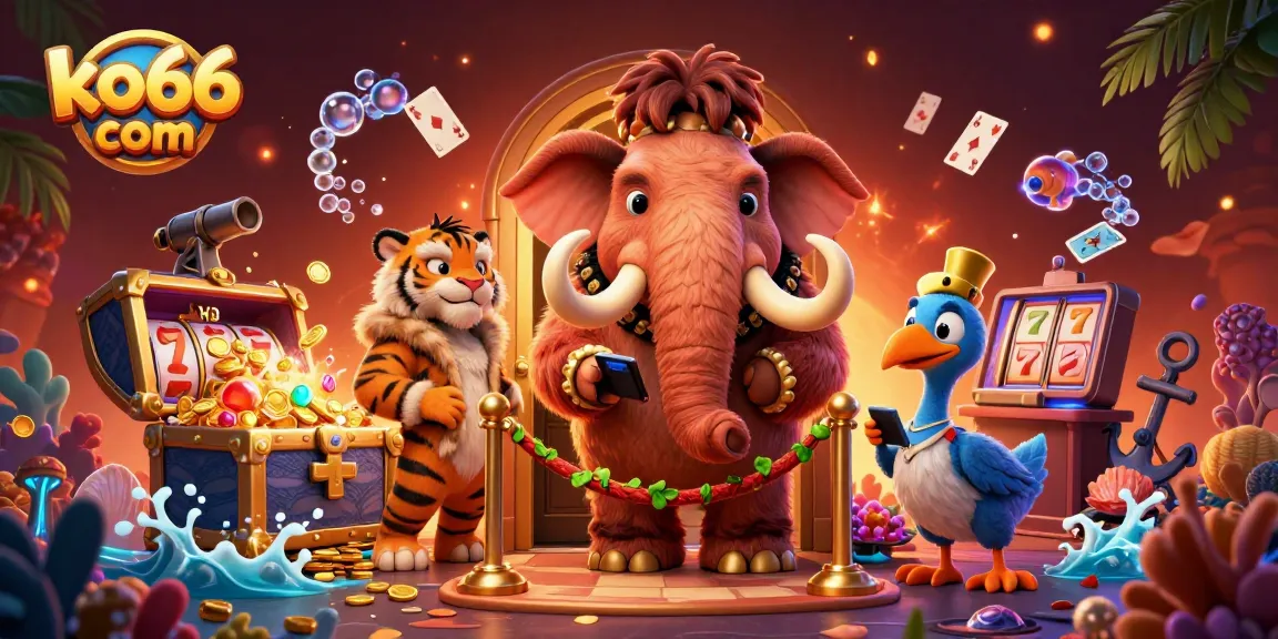 Join the vibrant scene at ko66 com, featuring a mammoth bouncer welcoming a saber-tooth VIP with luxury and excitement.