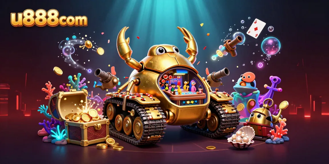 Join the excitement at u888com with a lively underwater casino illustration featuring diverse game elements.