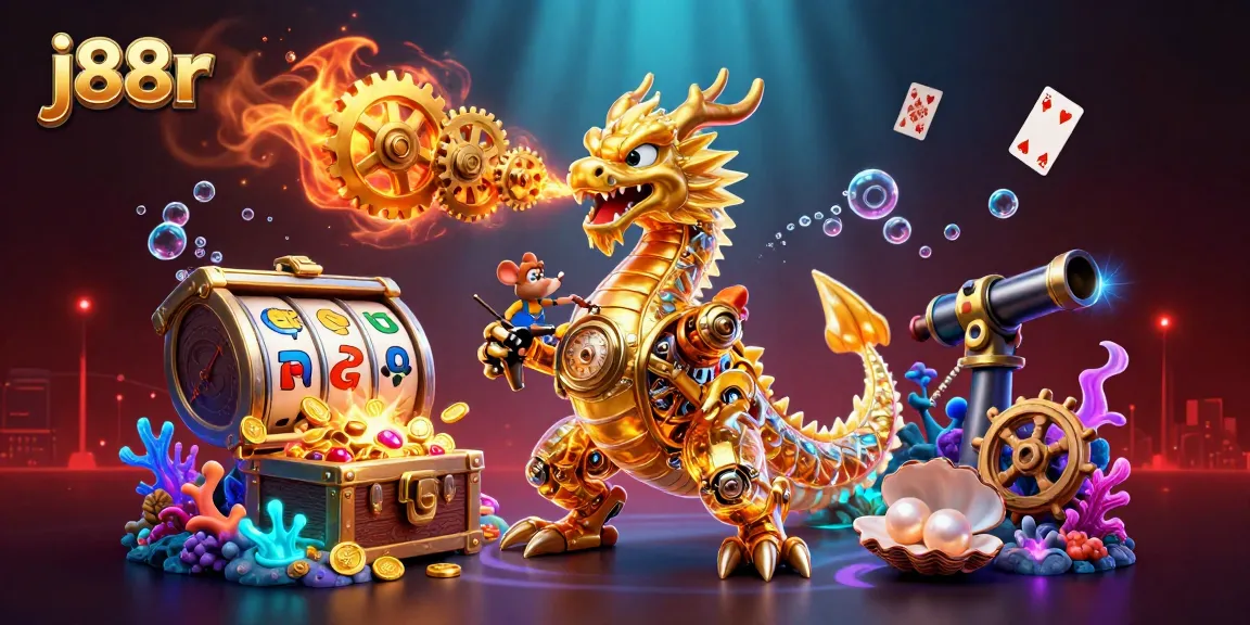 Experience j88r's thrilling slots with a golden dragon breathing gears in an intricate casino scene.
