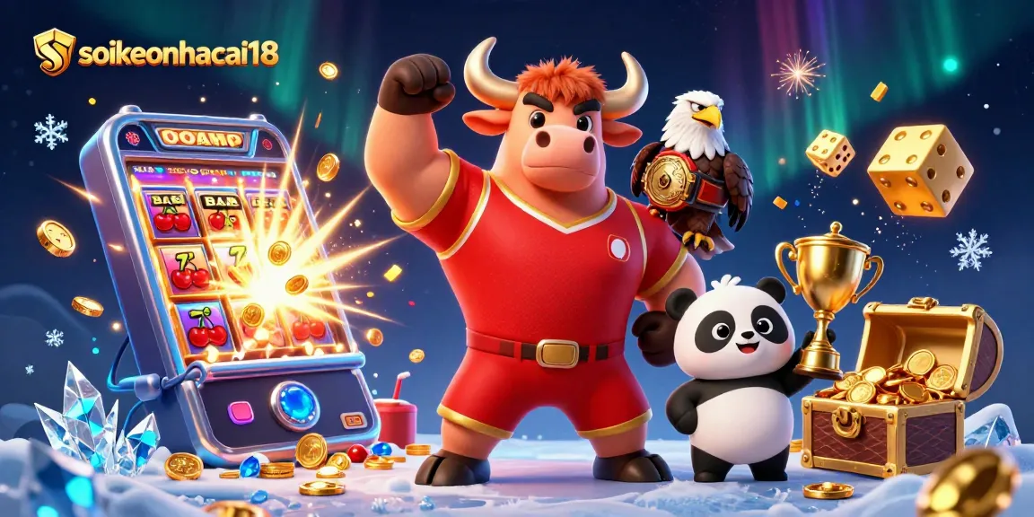 Engage in thrilling gameplay with soikeonhacai18, featuring a victorious bull mascot, eagle, and panda amidst casino action.
