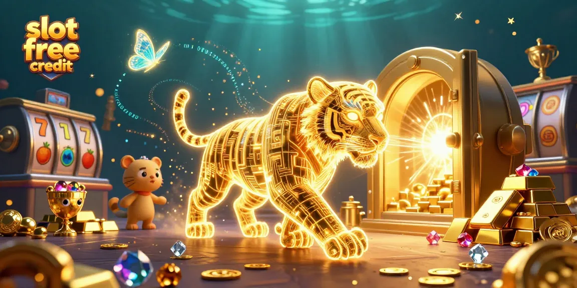 Experience slot free credit with our vibrant casino-themed illustration featuring a golden tiger and treasure.