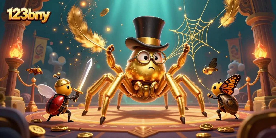Engage with 123bny's vibrant casino scene, featuring a golden tarantula and a beetle knight.