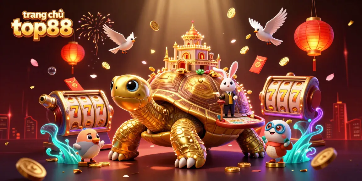 Experience exciting gameplay on trang chủ top88 with a vibrant 3D casino illustration showcasing a golden tortoise and animated game elements.