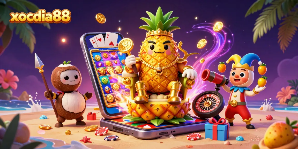 Xocdia88 showcases its vibrant gaming universe with pocket-sized slot excitement and royal casino characters.