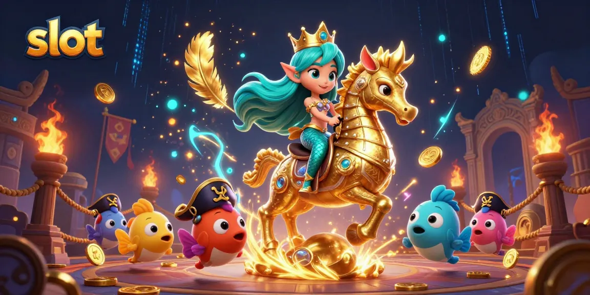 Experience thrilling slot victories with vibrant mermaid and seahorse characters in an exciting casino scene.