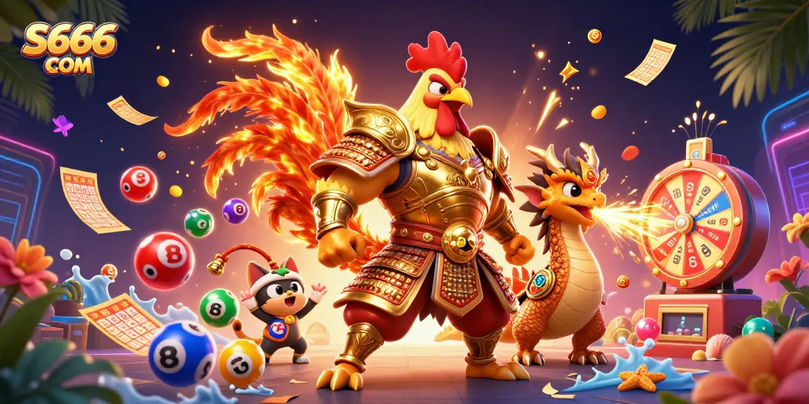 S666 COM features a dynamic casino scene with a fighting rooster warrior, a dragon hatchling, and colorful lottery elements.