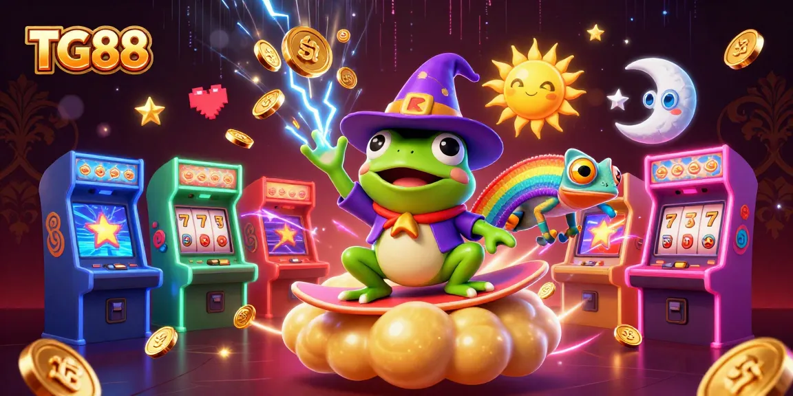 Bet online with TG88, where a wizard frog and chameleon create excitement amid golden casino elements.