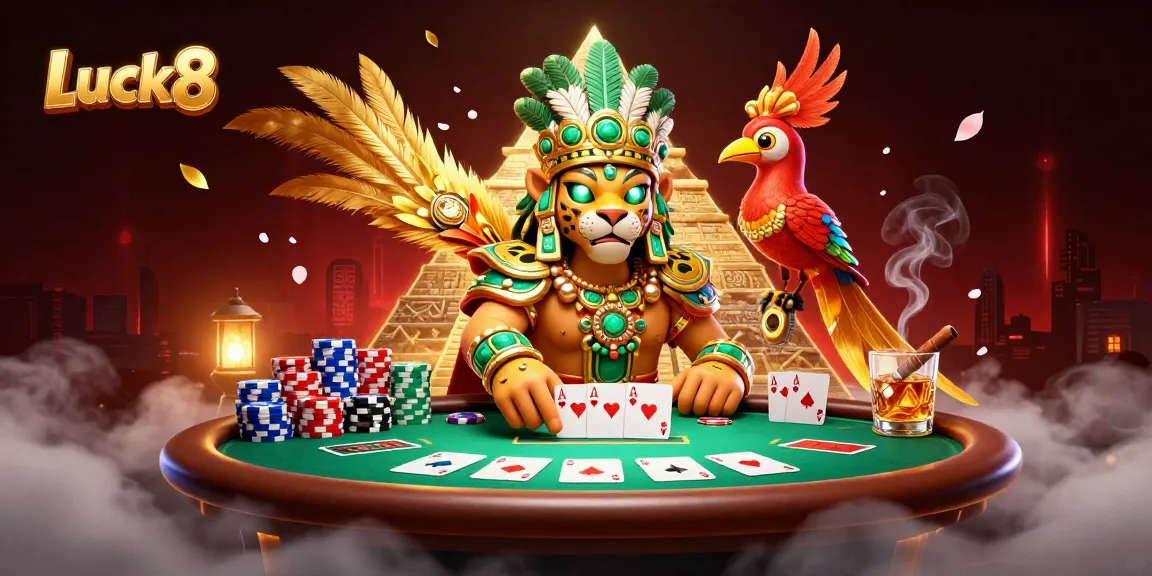 Luck8 poker scene featuring a Mayan jaguar priest and vibrant game elements.