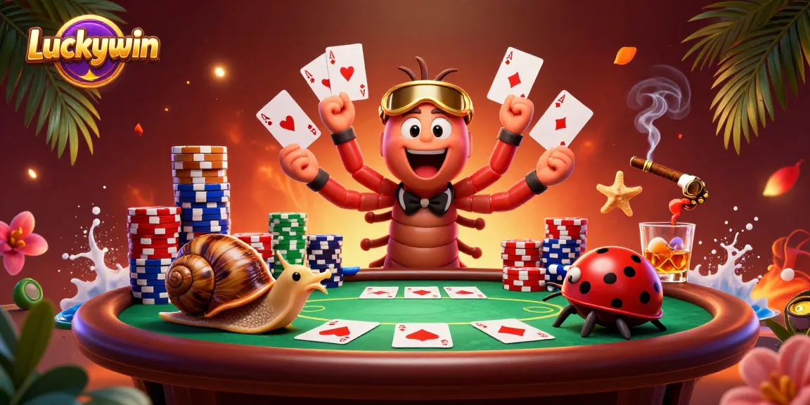 Experience thrilling gameplay at Luckywin as dynamic characters deal cards and stacks of chips.