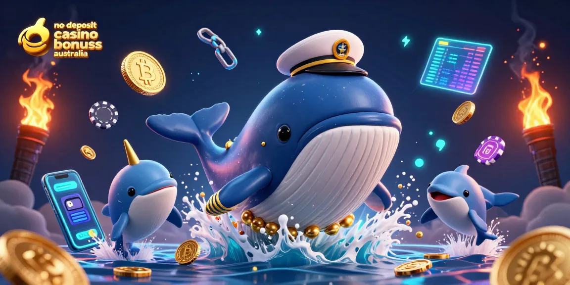 No deposit casino bonuses australia illustrated with a cartoon whale and playful dolphins in a vibrant casino scene.