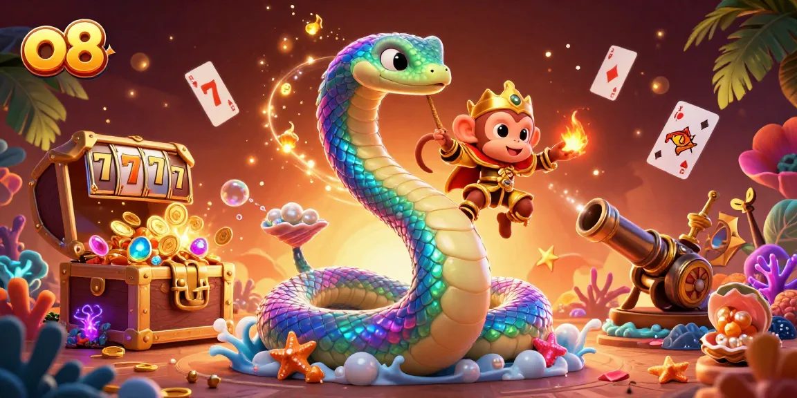 Engage with o8's vibrant world of slots as the colorful serpent coils around gold treasures.