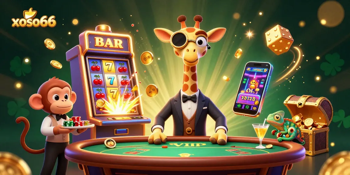 Experience the excitement of xoso66 with a high-roller giraffe, vibrant slot machine, and a monkey valet in a thrilling casino scene.