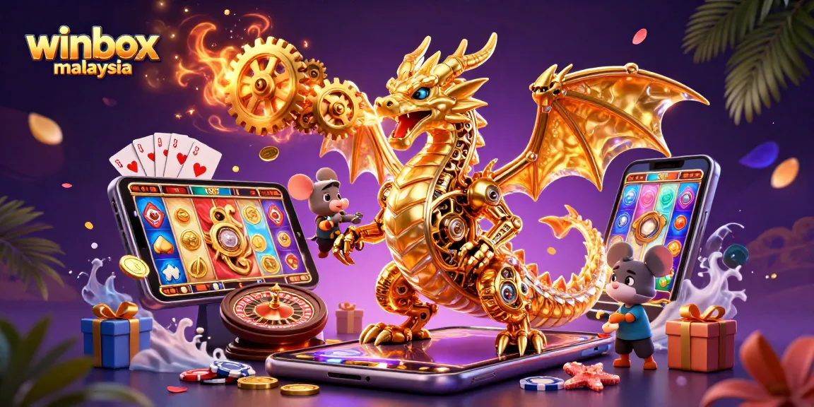 Engage in thrilling games at winbox malaysia with vibrant slot visuals, dragon, and dynamic casino elements.