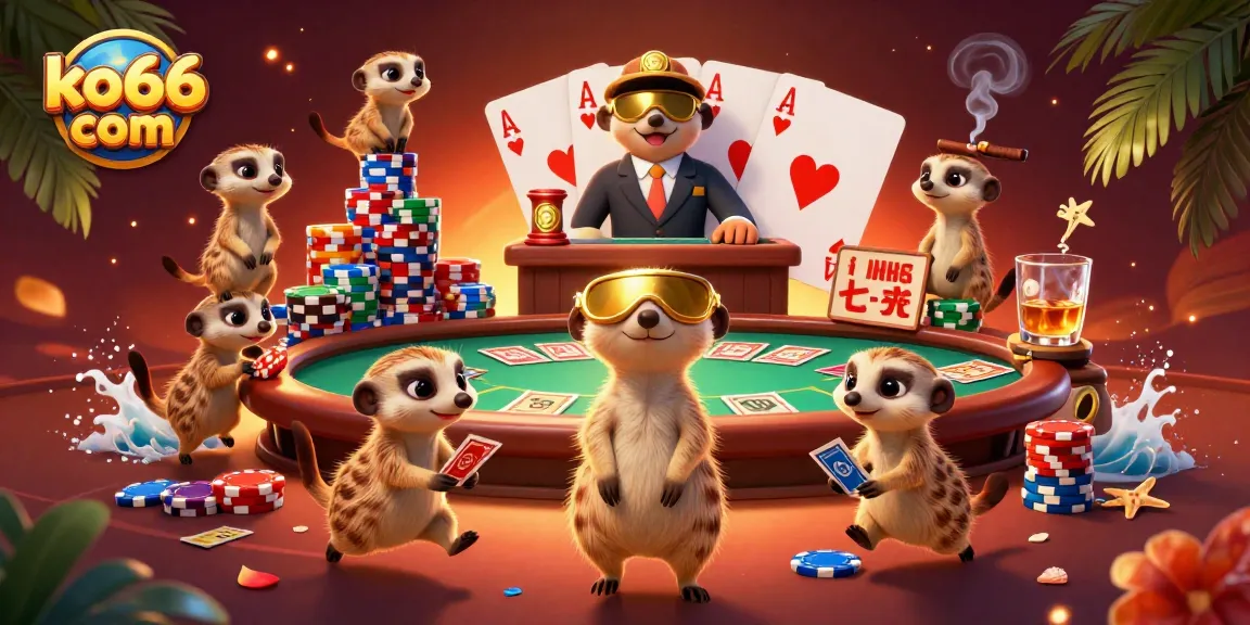 Experience excitement with characters at a dynamic casino scene featuring ko66 com as meerkats manage games and chips.