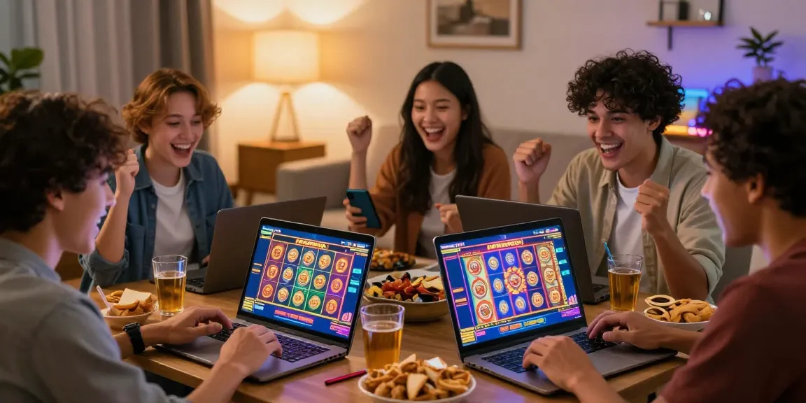 Celebrating a big win on a slot gacor game with friends in a cozy setting.