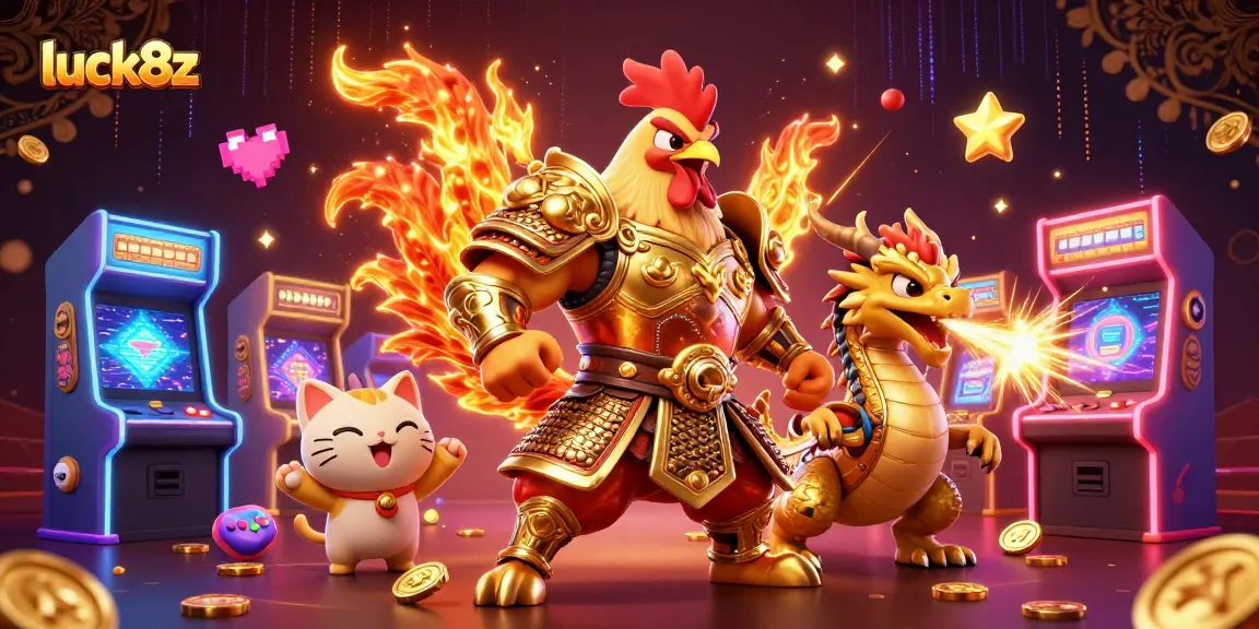 Engage with exciting luck8z gaming elements featuring a rooster warrior and dragon in a vibrant casino scene.