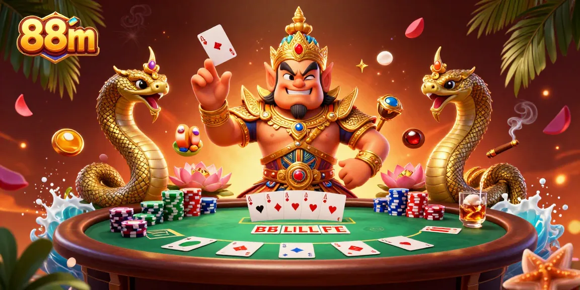 A vibrant 3D scene of 88m featuring a Thai temple guardian, poker elements, and dynamic casino atmosphere.